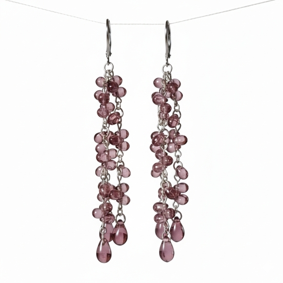 Earrings 3" NEW Drop Dangle Purple Teardrop Silver Rhodium Plated Vintage USA - Picture 3 of 10